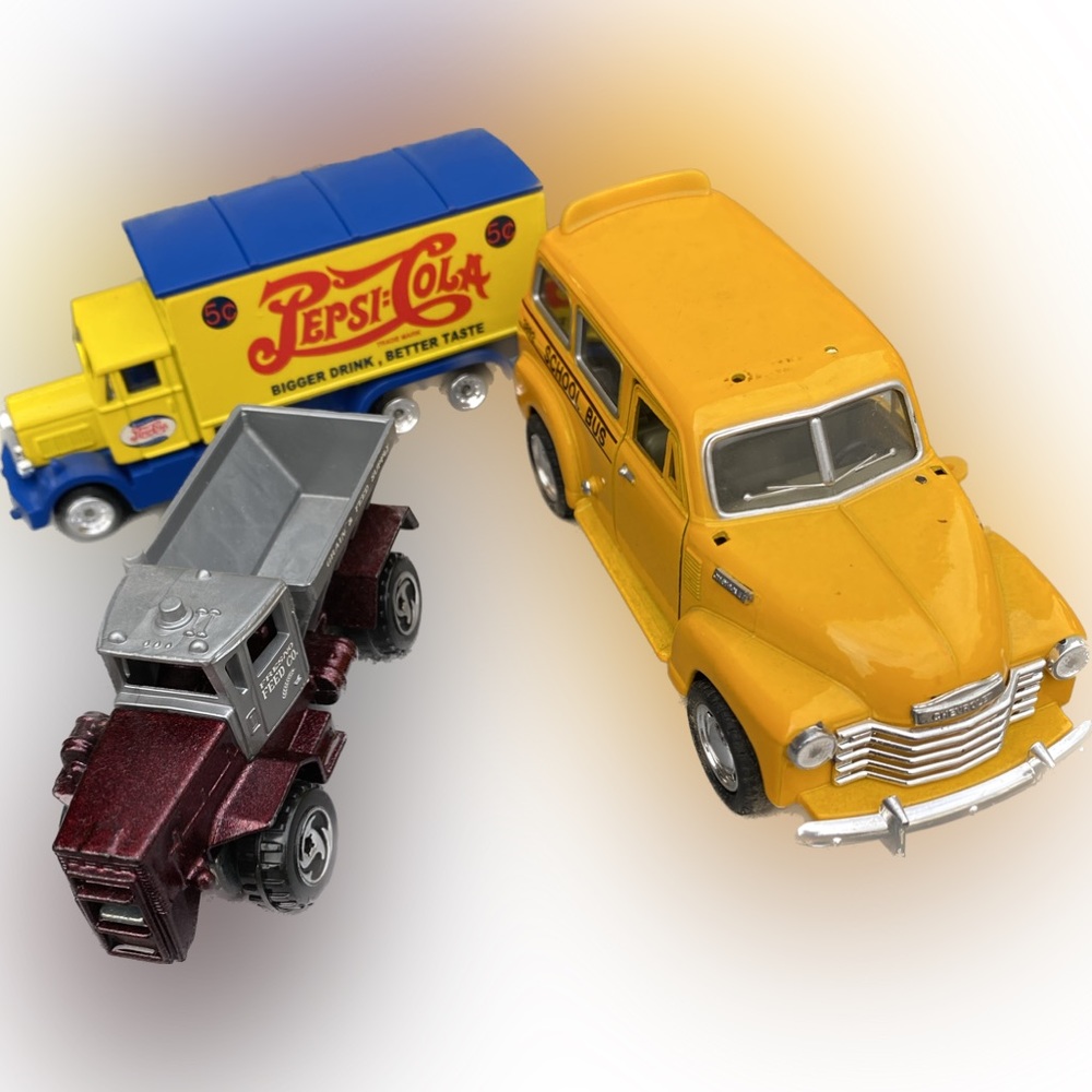 3 Collectable  Car Bundle. School Bus, Snow Plow, and Pepsi Truck.